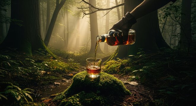 Whiskey poured into glass in forest sunlight environment conceptual image