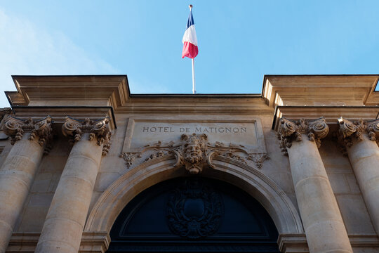 Exterior view of the entrance to the Hotel de Matignon , the official residence and workplace of the head of the French government . Paris. France.