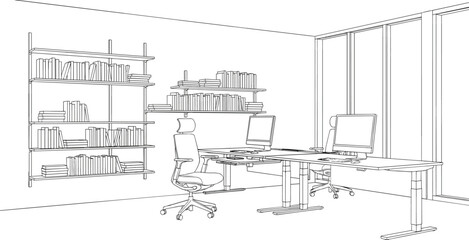 Modern office workspace interior line art with bookshelves desks computers chairs window outline vector illustration © MdRissalat