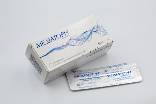 Mediatorn ipidacrine tablets with blister pack and box closeup.