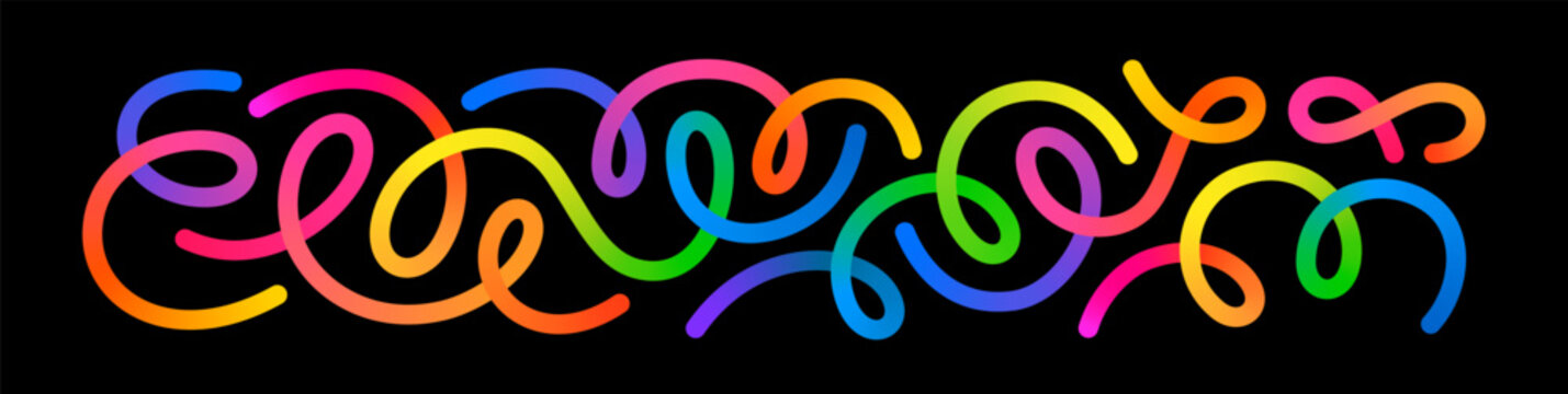 Wave Shape Abstract Color Lines on Black Background. Swirl Vector Ribbons with Rainbow Gradient.