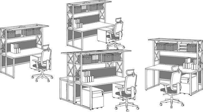 Modern office desk workstation furniture set line art with storage shelves chair workspace outline vector illustration