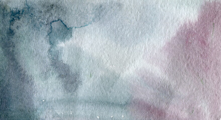 Abstract watercolor background with soft grey and purple ink wash texture. Artistic painting on paper with wet paint spill effect. Creative design element for stationery, greeting card, art. © Tiana_Geo