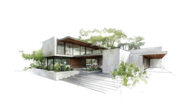 Modern architecture sketch illustrating a contemporary luxury villa design. Integrating minimalist aesthetics with lush surrounding greenery and a serene landscape