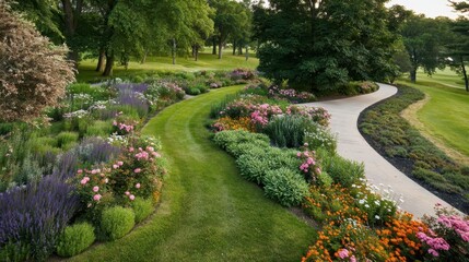 Fototapeta premium Lush garden beds of colorful flowers and green foliage flank a gently curving concrete path, with a mown grass track winding beside it through a serene park landscape