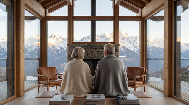Seniors wrapped in blankets enjoy a peaceful moment inside a modern cabin with panoramic windows showcasing a stunning mountain view. Image made using Generative AI.
