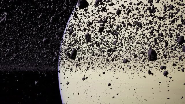 An impressive display of countless asteroids floats in space near a large celestial body.