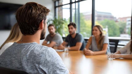 Fototapeta premium Colleagues engage in a focused discussion around a large wooden table in a brightly lit modern conference room