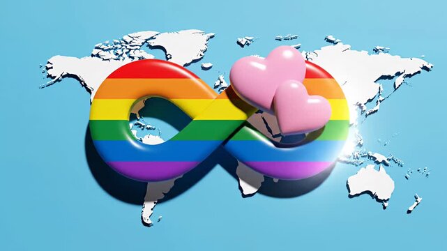Rainbow infinity symbol with pink hearts on world map