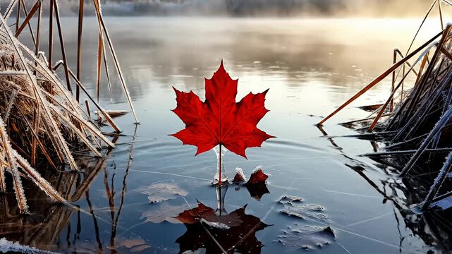 Red maple leaf frozen in ice with frosted reeds at dawn