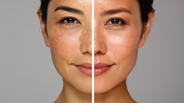 Asian woman's face showing clear before and after comparison of reduced hyperpigmentation, melasma and dark spots, revealing smoother, radiant, and more even skin tone