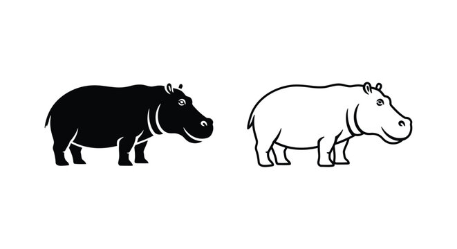 Hippo Silhouettes Black and White Animal Icons Vector