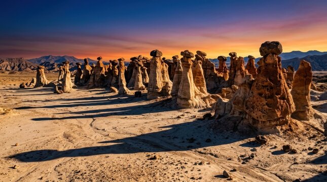 An alien-like landscape of fairy chimneys and hoodoo rock formations in a remote desert, wind-eroded spires topped with darker capstone boulders rising twenty meters from