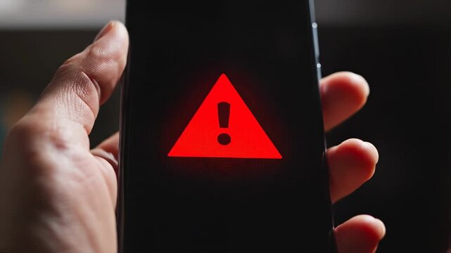 This shows a person holding a smartphone with a red warning triangle on the screen, indicating technical difficulties or an error message. The highlights common mobile phone issues.