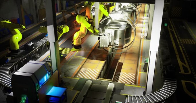 An advanced industrial facility features robotic arms diligently assembling products on a conveyor belt. Bright lighting showcases the efficiency and precision of modern manufacturing techniques.