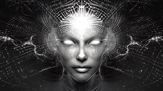 Cybernetic consciousness born a futuristic human face with glowing eyes and circuitry