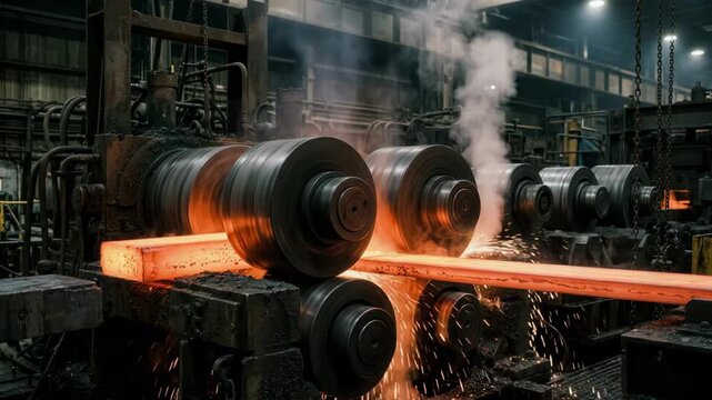 Side view of powerful rollers in a hot rolling mill roughing stand compressing a glowing redhot metal slab into a thinner strip showcasing industrial precision and heat.