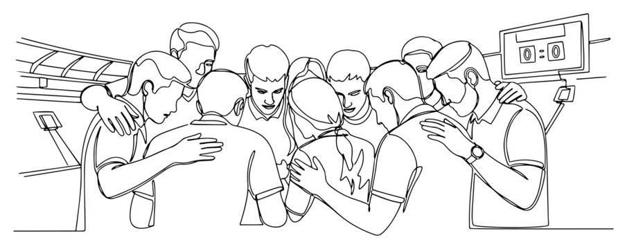 Continuous line drawing of a sports team huddle hugging together for motivation