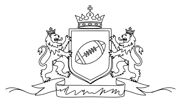 Heraldic crest with lions holding a shield featuring an American football ball