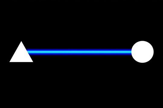 Geometric shapes linked by luminous blue beam on black background