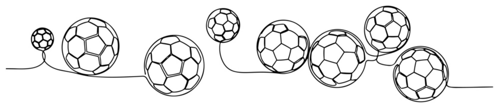 Abstract continuous line pattern featuring multiple soccer balls in various sizes and angles