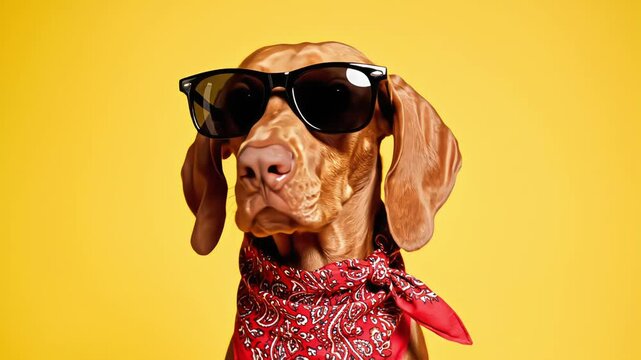 Close up portrait of a Hungarian Vizsla dog wearing black sunglasses and a red paisley bandana looking around against a solid bright yellow background