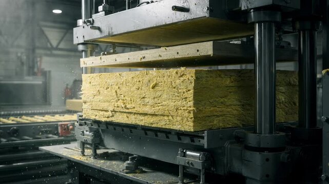 Medium shot of a hydraulic press compressing fluffy mineral wool into dense rigid insulation boards showcasing industrial precision and heavy machinery in action.