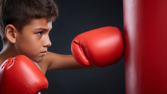 Young boy in red boxing gloves strikes a punching bag with focused expression, illuminated against a dark background highlighting his athletic stance and determination