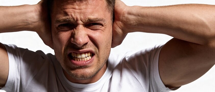 Man suffering from intense ear pain and pressure holding his head. Inflammation or barotrauma causing earache and discomfort. Medical condition concept, health issue, otitis symptoms.