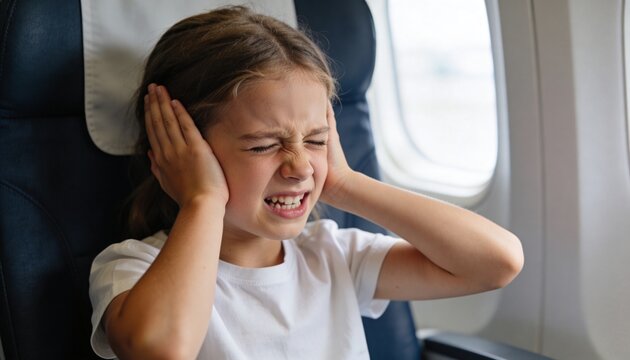 Child suffering from ear pain on airplane. Girl feeling pressure changes and ear congestion during flight. Barotrauma, eustachitis and otitis symptom. Travel sickness and discomfort concept.
