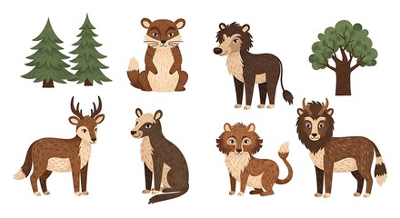 Fototapeta premium A group of adorable forest animals and trees in a vector graphic illustration