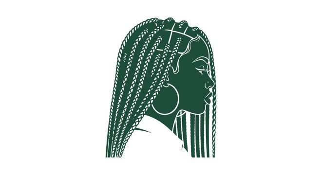 Profile silhouette of a black woman with long braided hair and hoop earrings in green vector art.