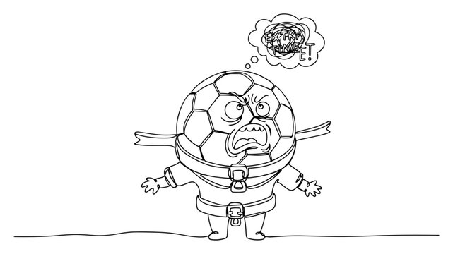 Continuous line illustration of an angry soccer ball character in a straitjacket thinking about extra time