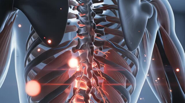 3D medical animation highlighting inflammation and pain in the human spine and nervous system with glowing red effects inside the torso