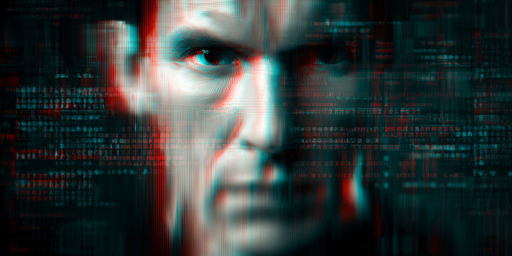 Portrait of man face, AI deepfake recognition technology with facial distortion effect, algoritma and data code background, AI and human collaboration concept