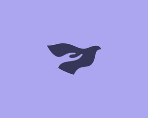 Fototapeta premium Abstract bird in flight with a human hand silhouette in negative space vector logo. Elegant logotype for charity, peace, healthcare and support services.