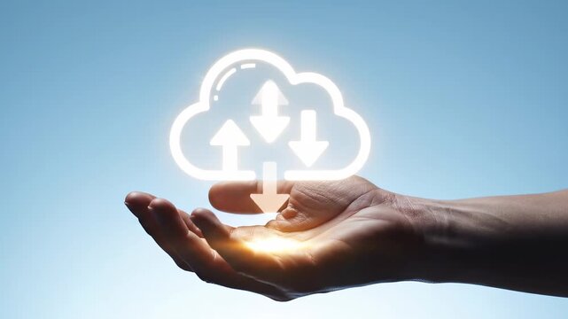This shows a hand holding a glowing cloud with arrows pointing up and down, symbolizing data transfer and storage. The background is a blue sky, representing a conceptual and futuristic approach to