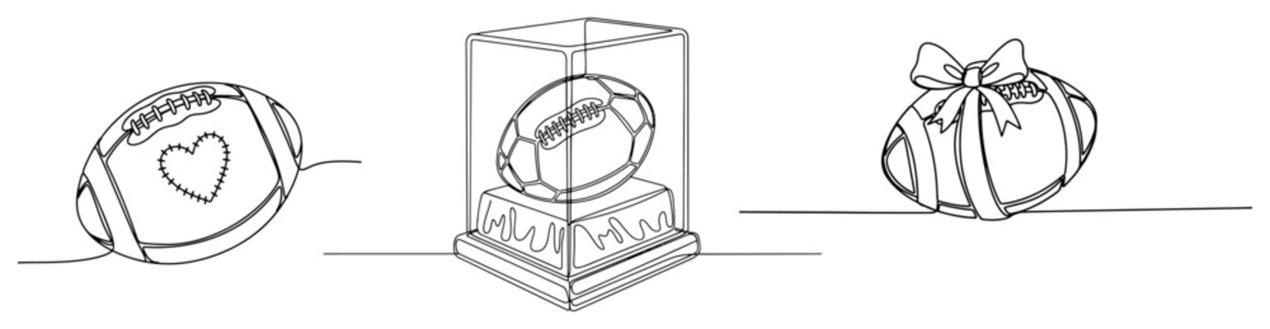 Set of american football balls featuring heart trophy case and gift ribbon