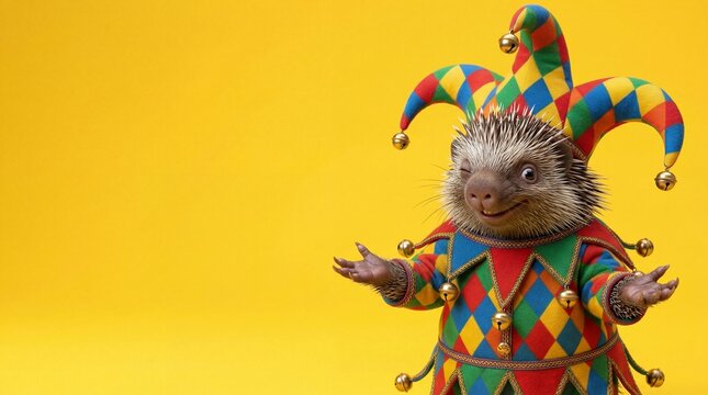 Funny hedgehog in colorful jester costume shrugging on yellow background copy space