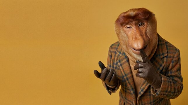 Winking proboscis monkey in suit with finger on lips making hush sign on yellow