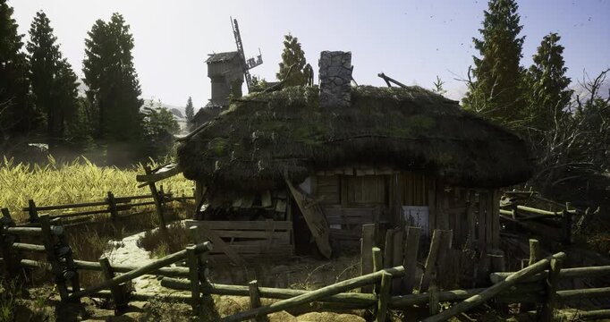 A charming thatched cottage nestles among trees in a peaceful rural area. Golden grass surrounds it, and a windmill looms in the background under a clear blue sky.
