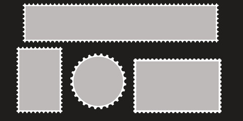 Obraz premium Blank postage stamp templates in various shapes with perforated edges on a dark background Vector