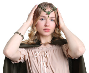 Obraz premium Beautiful girl dressed as elf on white background