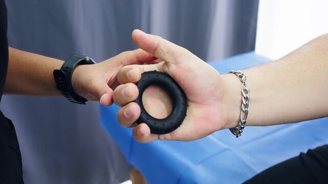 Close-up of a hand exercising with a device designed to strengthen grip strength