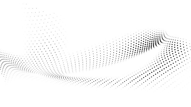 Abstract black dotted wave flow pattern on white background, smooth halftone gradient dots, futuristic motion surface, digital data stream concept, minimal modern geometric texture