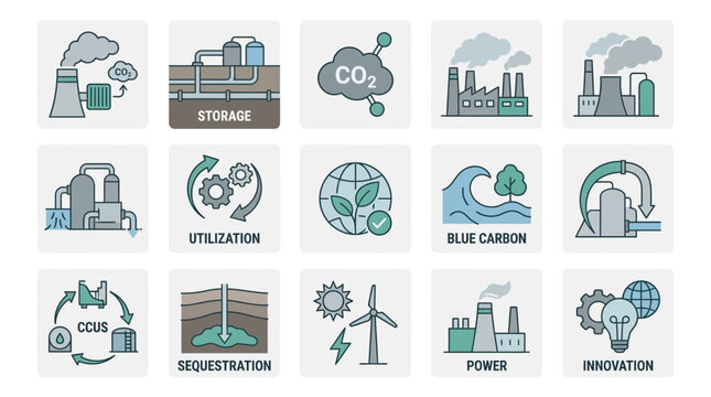 Vector Icons Carbon Capture and Utilization Technology Icon Set.