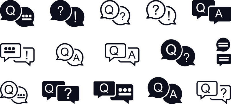 Collection of question and answer speech bubble icons in various black and white styles Vector