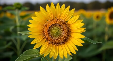 Obraz premium A large and vibrant sunflower stands tall in a field of sunflowers on a bright day.