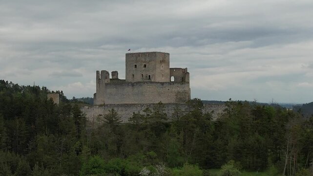Rabi castle captured as aerial panorama historic medieval fortress landmark in Czech Republic countryside