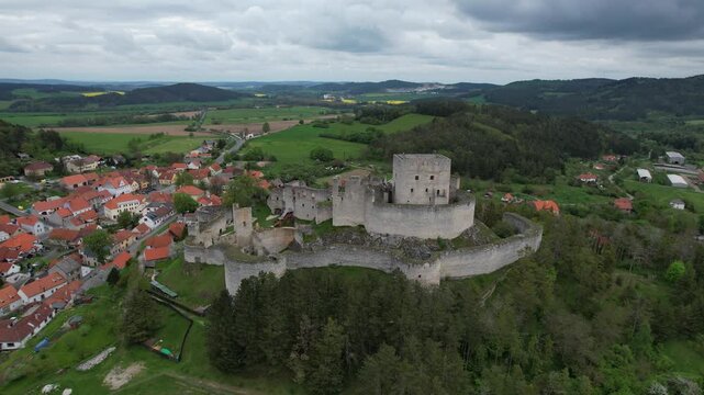 Rabi castle captured as aerial panorama historic medieval fortress landmark in Czech Republic countryside